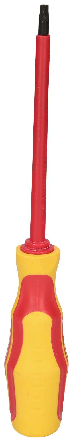 Śrubokręt z czerwonym uchwytem i żółtymi elementami, izolowany na białym tle.