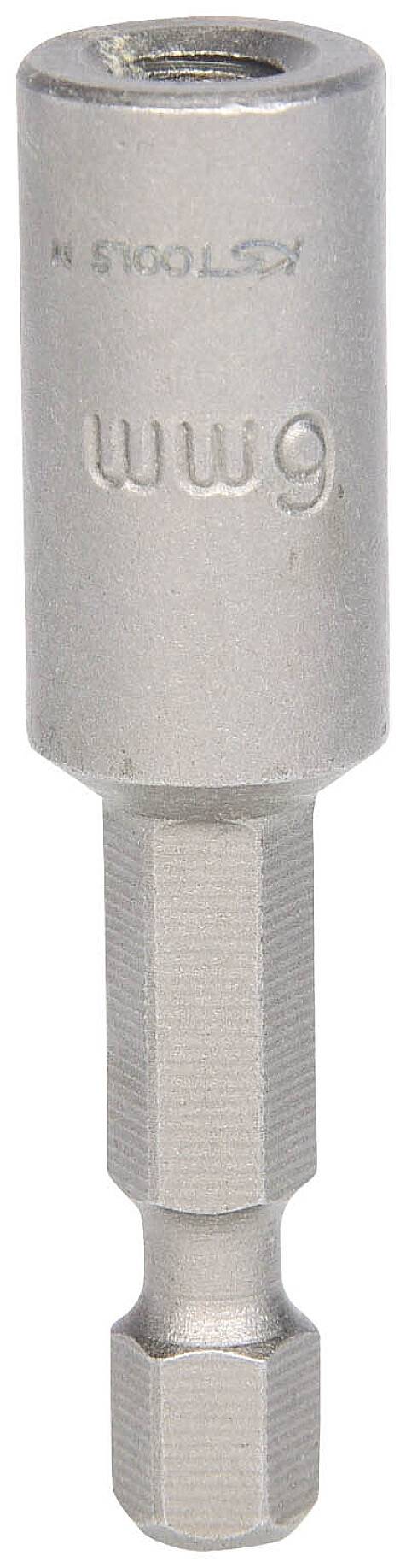 Sześciokątny wkład do wkrętaka, rozmiar 6 mm, wykonany z metalu, z nadrukiem producenta. Stosowany do połączeń śrubowych.
