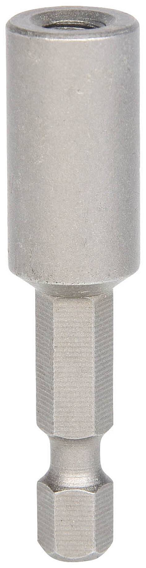 Szary uchwyt do bitów magnetyczny, wykonany z metalu, o kształcie sześciokątnym, przystosowany do stosowania w wkrętarce akumulatorowej lub wiertarce.