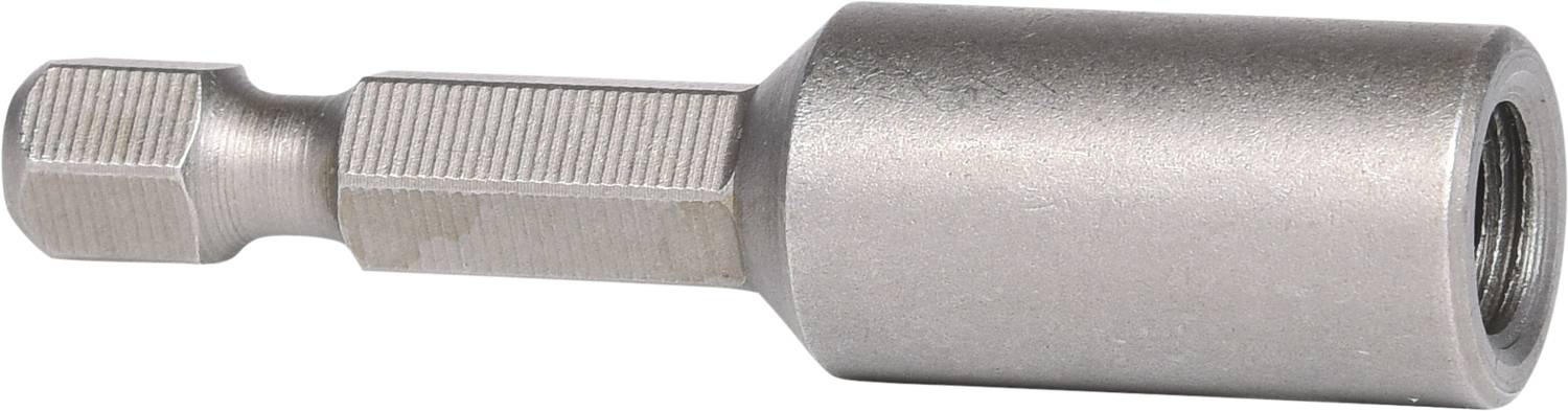 Srebrny metalowy uchwyt bitu z sześciokątnym trzpieniem i cylindryczną tulejką, stosowany jako element łączący w narzędziach.