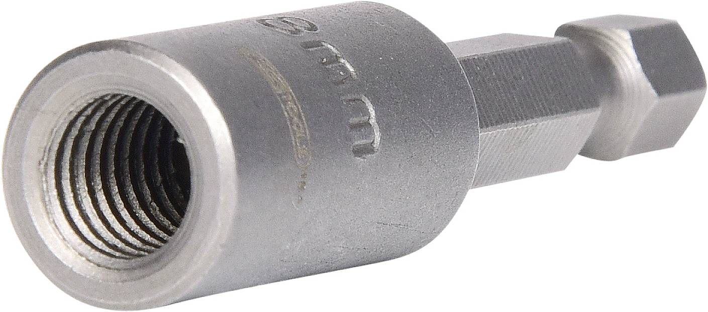 Metalowy sześciokątny bit 9 mm z gwintem śrubowym, sfotografowany z boku.