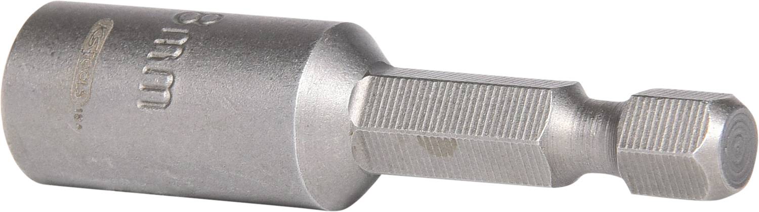 Sześciokątny uchwyt na bity srebrnego koloru z grawerunką '8mm' na górnej powierzchni.