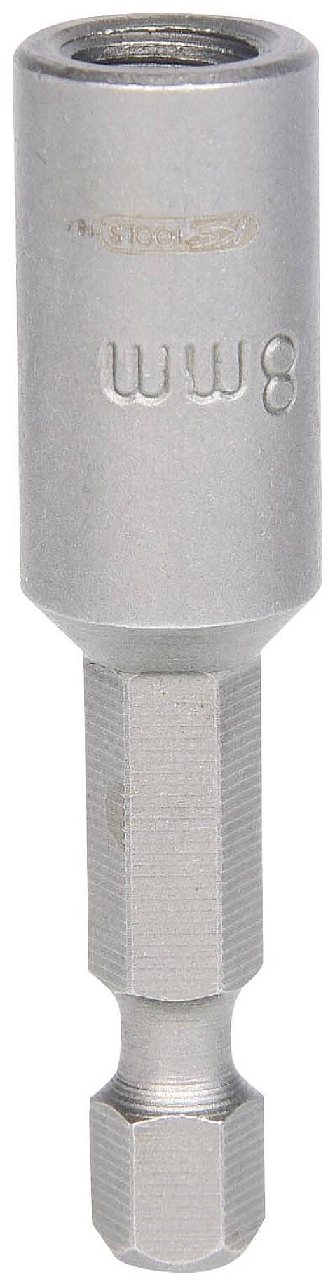 Bit metalowy z sześciokątną podstawą i oznaczeniem '8 mm'. Odpowiedni do wkręcania lub jako akcesoria do elektronarzędzi lub narzędzi ręcznych.