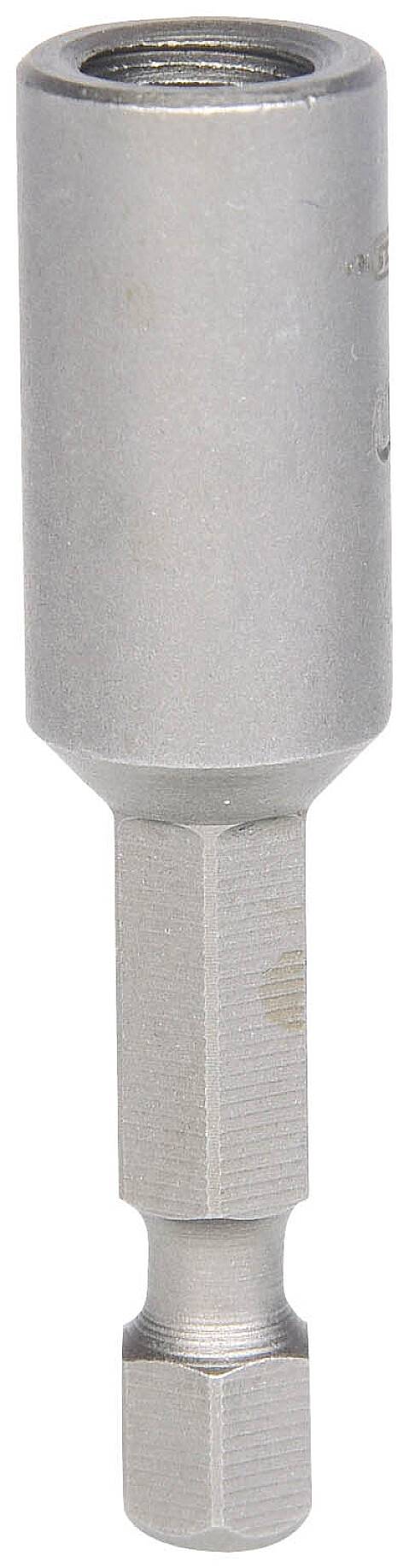 Metalowy uchwyt magnetyczny do bitów w kształcie cylindra, w kolorze szarym, odpowiedni dla narzędzi z mocowaniem sześciokątnym.