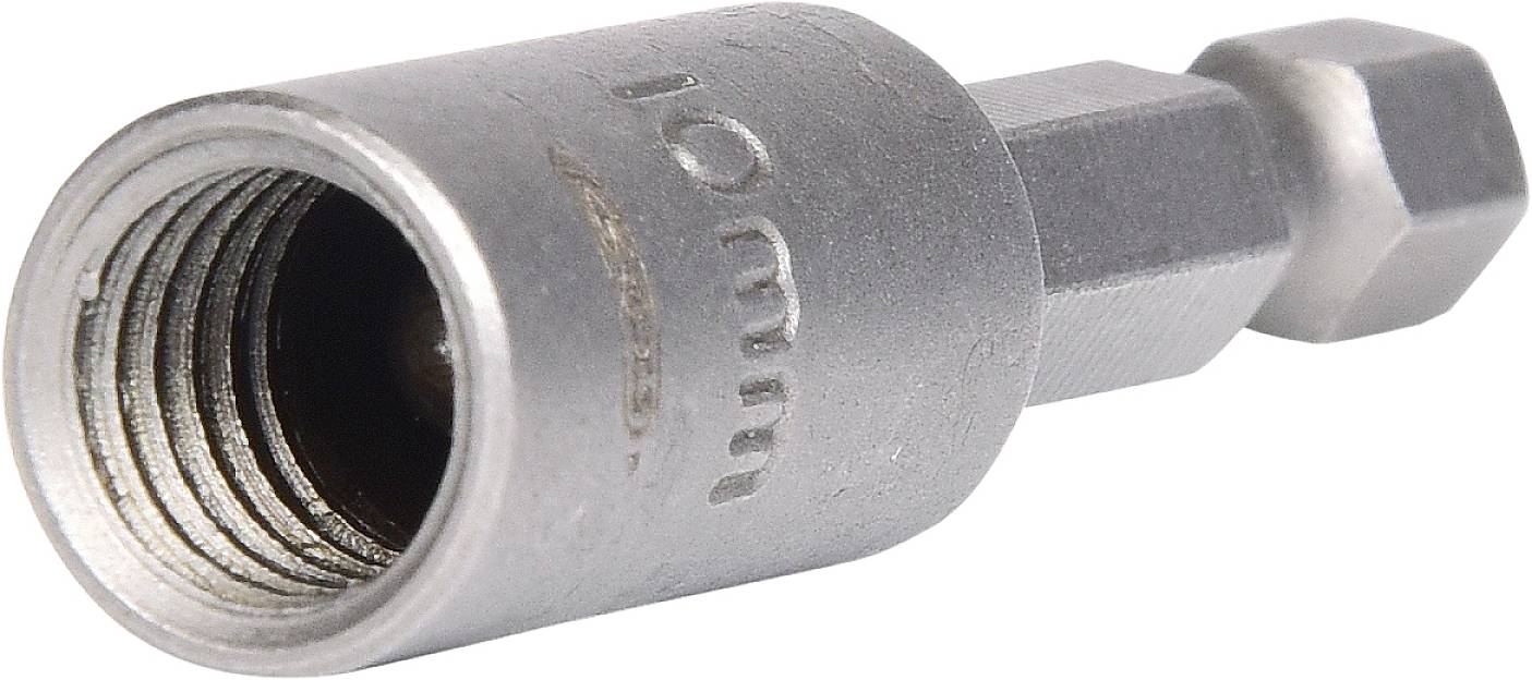 Metalowy adapter gwintowany z grawerunkiem '10 mm', pasujący do wiertła lub końcówki wkrętaka.