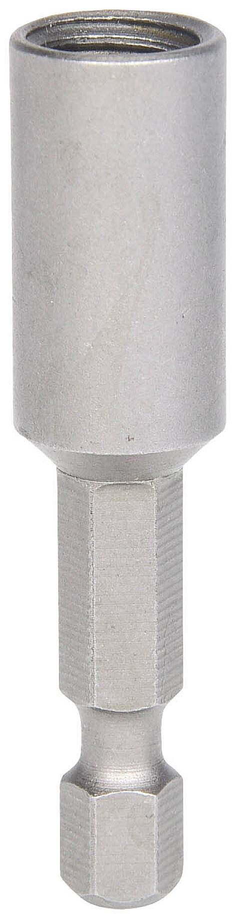 Srebrny magnetyczny adapter nasadowy z metalu z sześciokątnym chwytem, przeznaczony do użycia z wkrętarką akumulatorową.