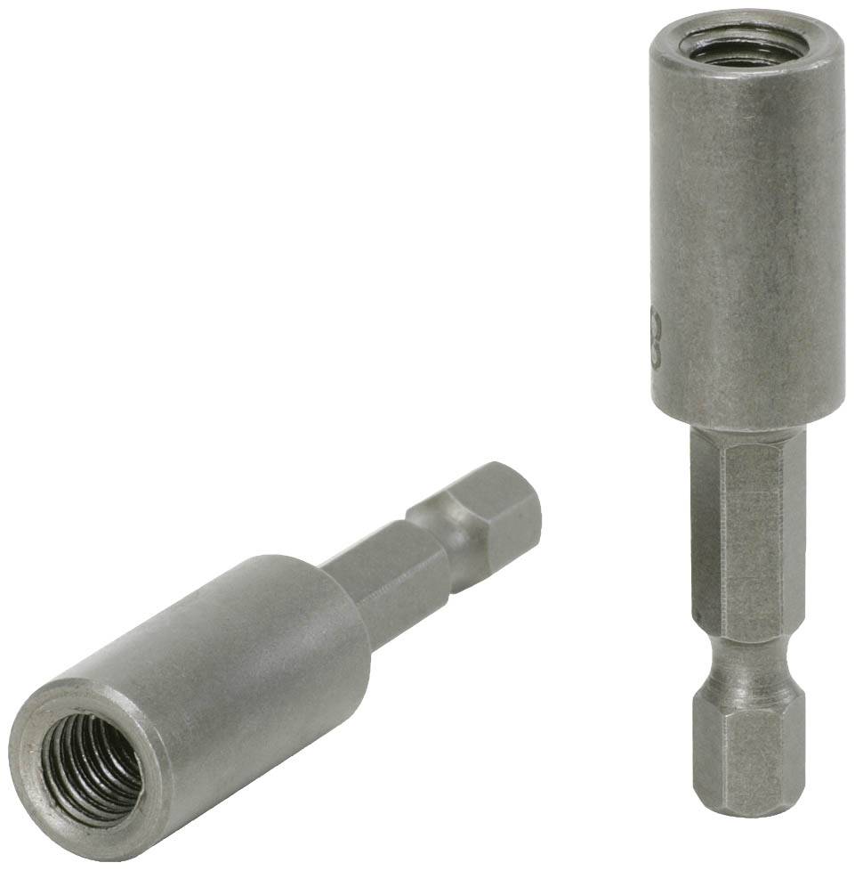 Dwie srebrne metalowe przedłużki bitów do wkrętaków. Jedna stoi pionowo, druga leży ukośnie na pierwszym planie.