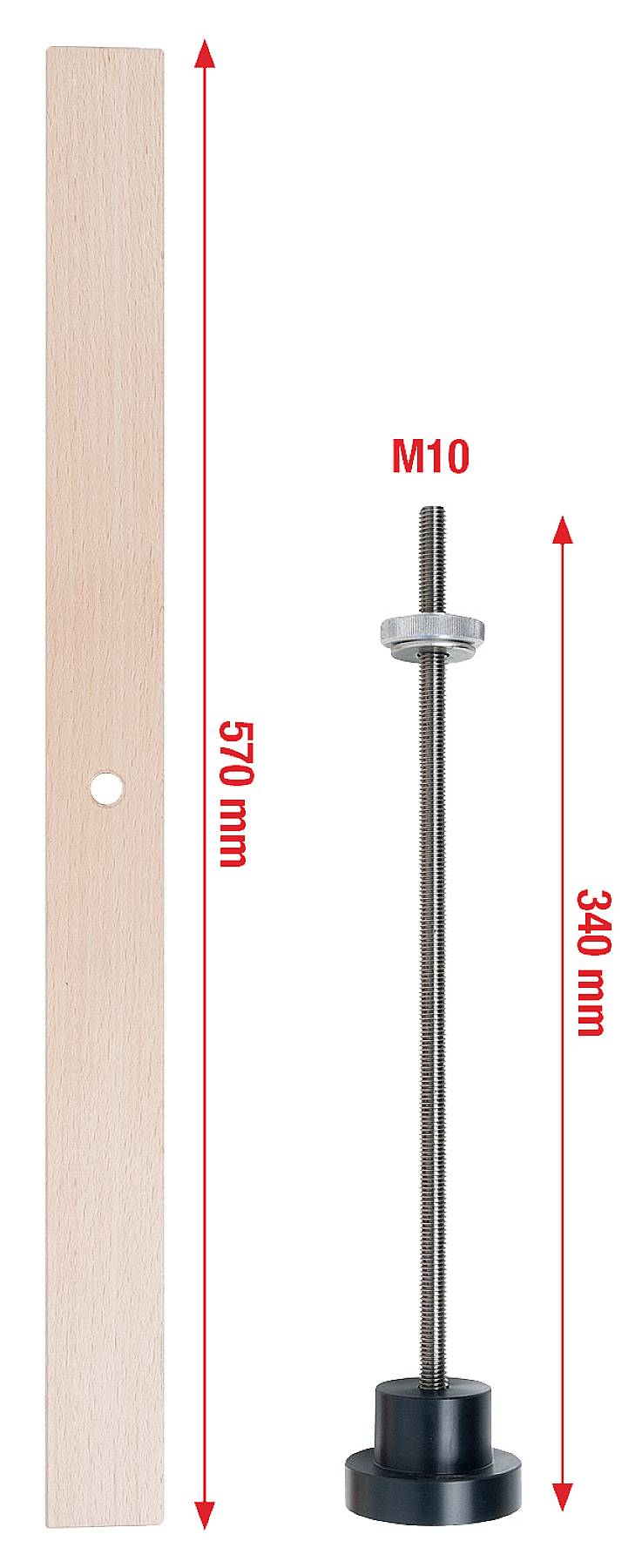 Pręt okrągły i pręt gwintowany o długościach 570 mm i 340 mm. Pręt gwintowany z podkładką i nakrętką, oznaczenie 'M10'.