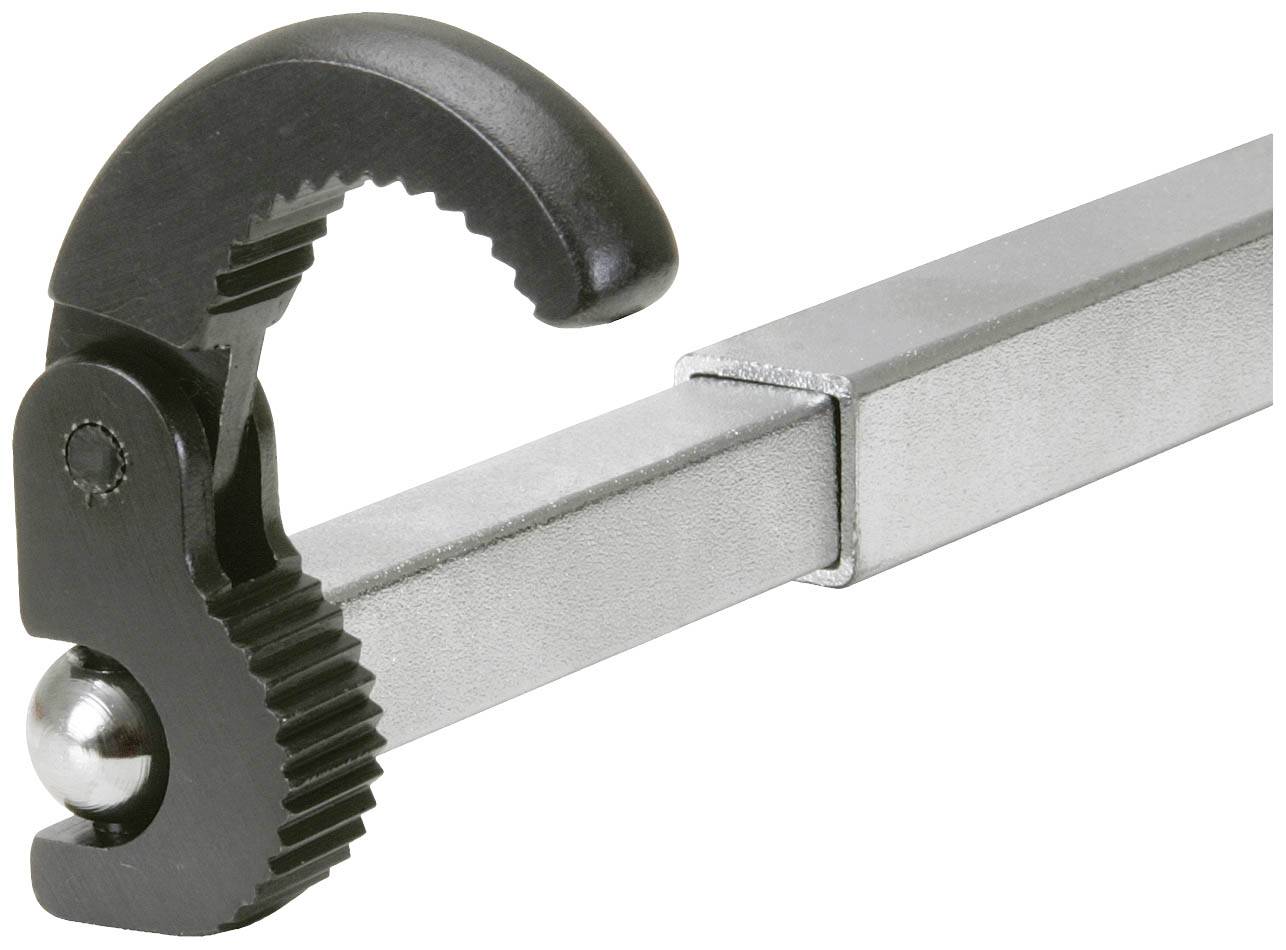 Regulowany klucz do rur z srebrną rękojeścią i czarną, uzębiową szczęką. Służy do chwytania okrągłych przedmiotów.