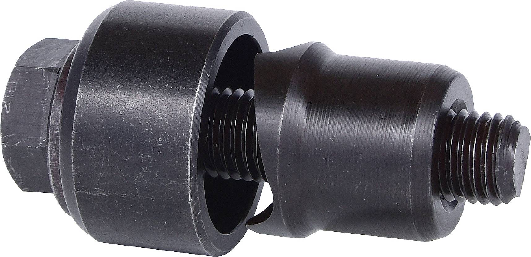 Metalowy adapter narzędziowy składający się z dwóch współpracujących części gwintowanych, przeznaczony do precyzyjnego łączenia elementów maszyny.