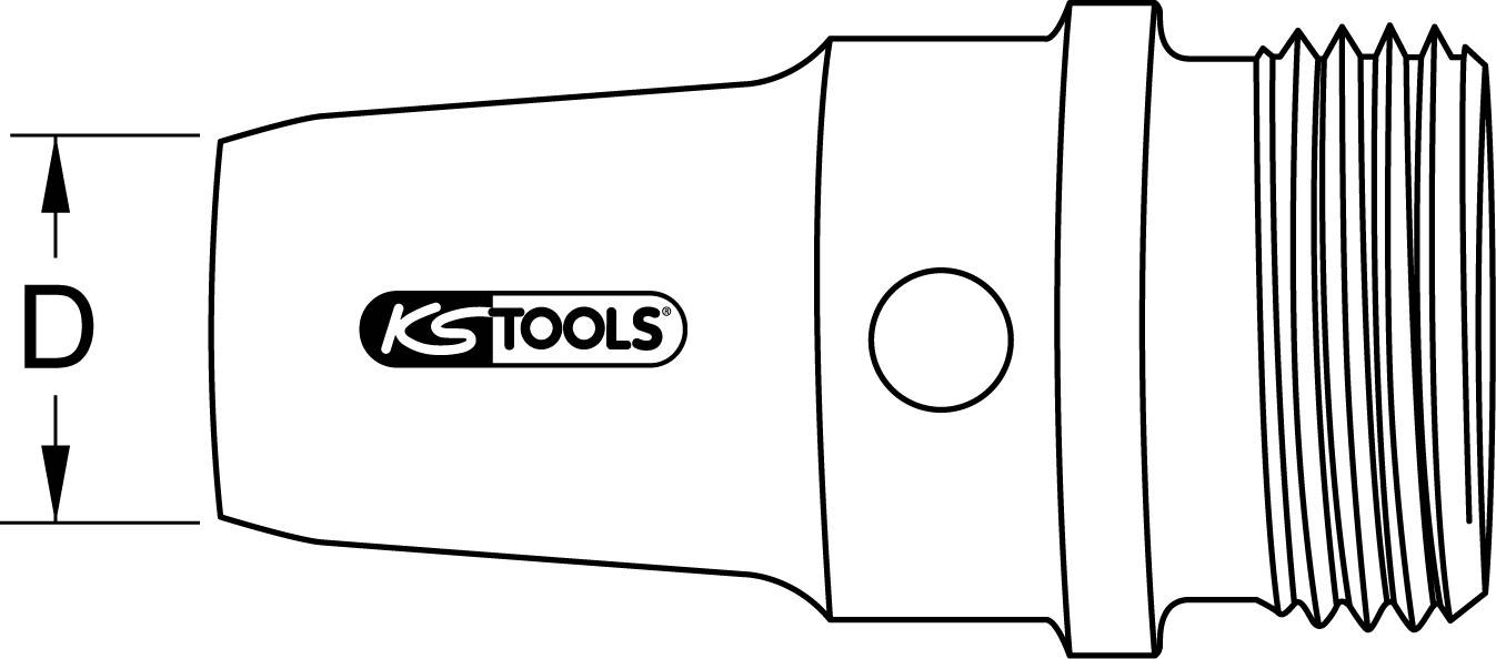 Adapter narzędziowy firmy KS Tools o kształcie cylindrycznym z gwintem prawoskrętnym, średnica 'D' oznaczona po lewej stronie.