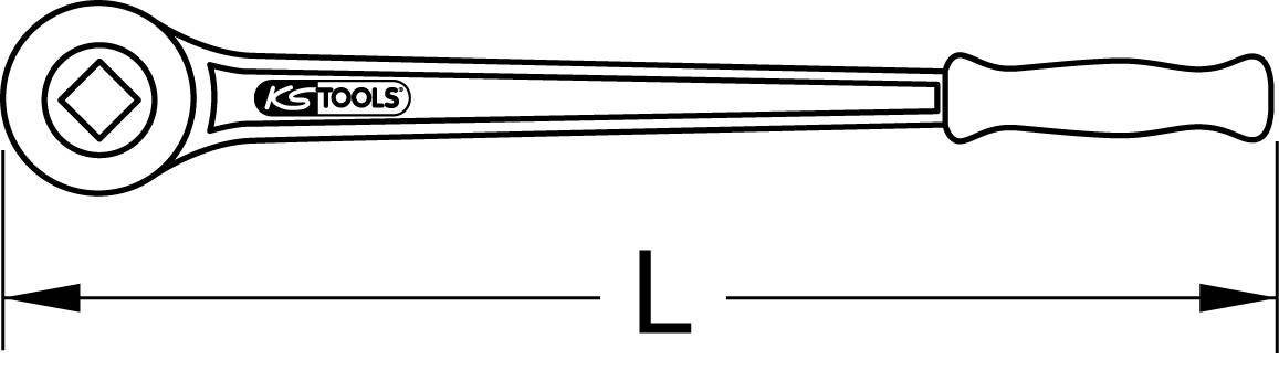 Ilustracja klucza nasadowego z kwadratową główką po lewej stronie i prostą rękojeścią po prawej stronie. Całkowita długość oznaczona literą 'L'.