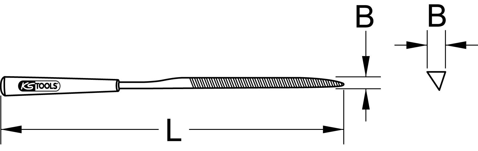 Ilustracja okrągłego pilnika z zaznaczonymi wymiarami L i B. Pilnik posiada uchwyt z logo 'KS Tools'. Wymiary B oznaczone na końcu pilnika.