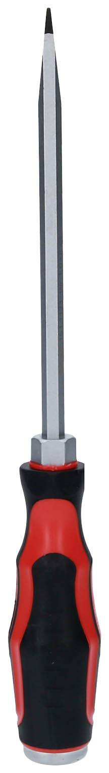 Długi, czarny śrubokręt z czerwonym i czarnym uchwytem.