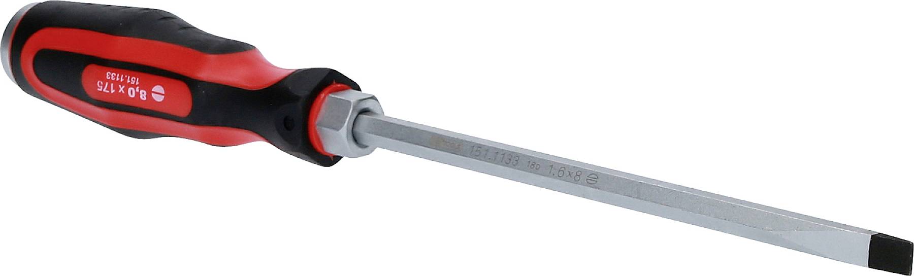 Wkrętak z czarną i czerwoną rękojeścią oraz płaskim ostrzem. Nazwa marki i numer modelu są widoczne na rękojeści.