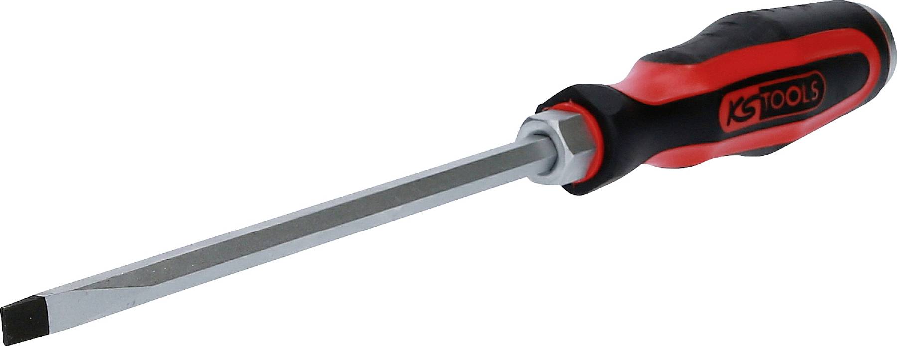 Wkrętak płaski z czerwoną i czarną rączką, odpowiedni do prac rzemieślniczych i napraw.