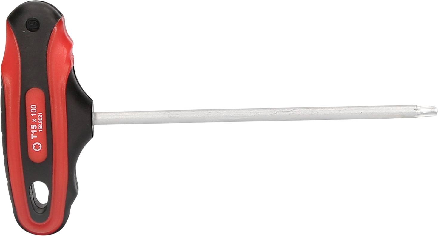 Czerwony i czarny wkrętak z uchwytem T z długim metalowym trzpieniem z oznaczeniem 'T15 x 100'.
