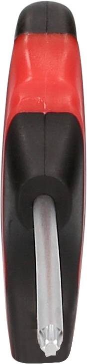 Wkrętak z czerwonym uchwytem, pokazywany od góry do dołu, z końcówką krzyżakową (Phillips) na dolnym końcu.