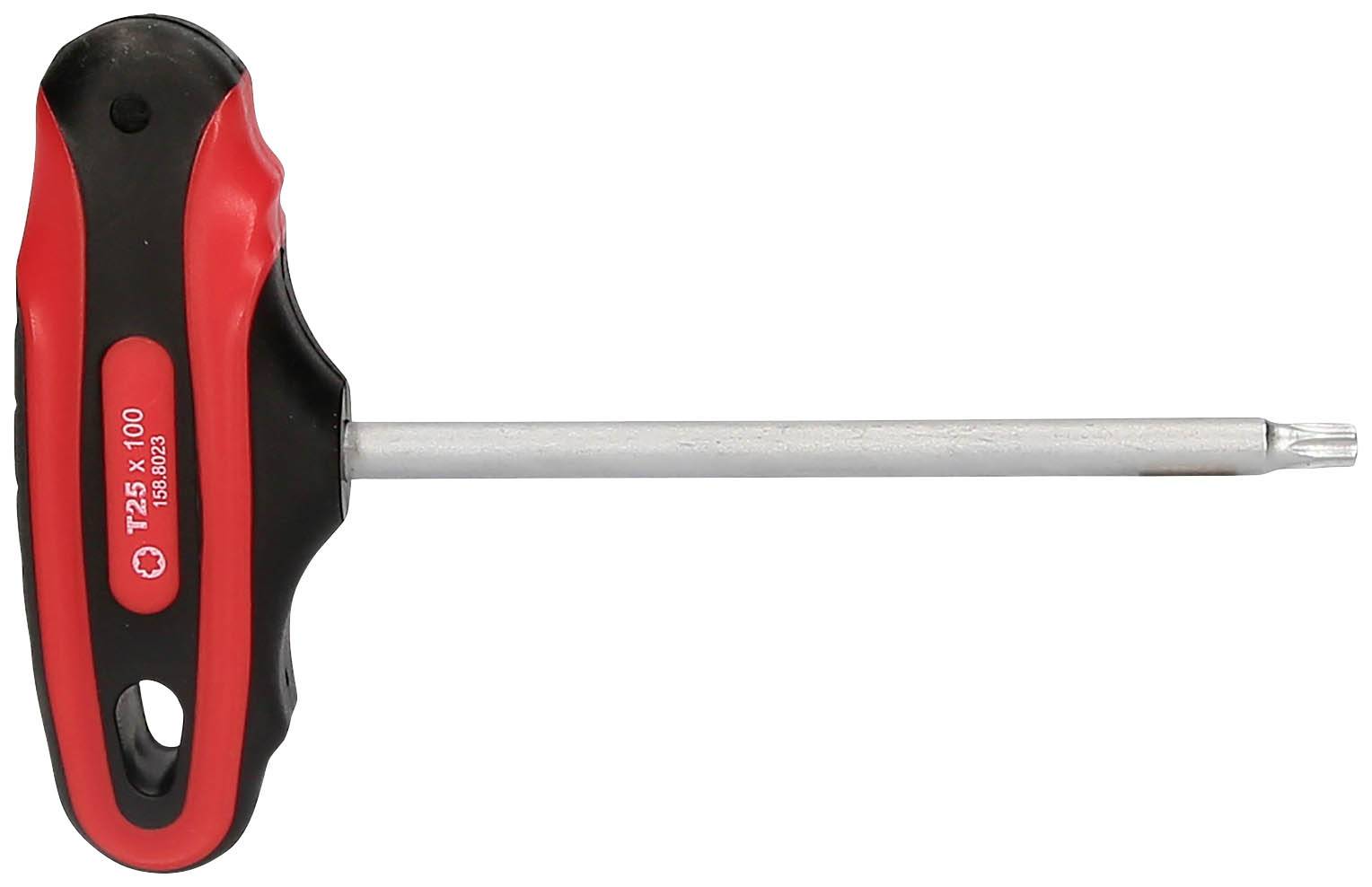 Wkrętak T w kolorze czerwonym i czarnym z metalowym trzpieniem i końcówką Torx T25.