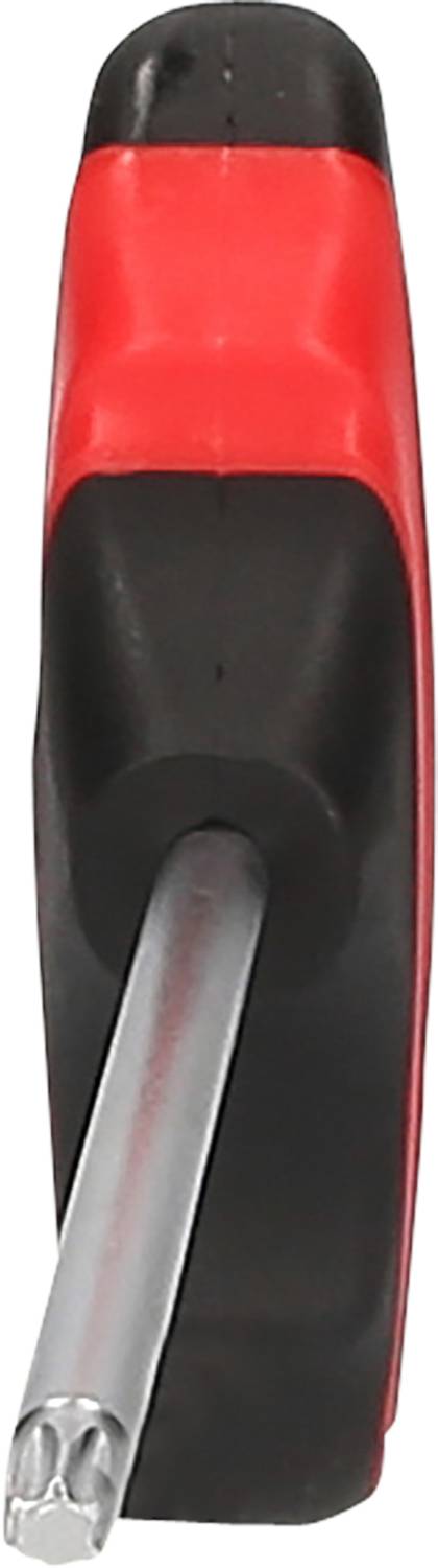 Wkrętak z czerwonym i czarnym uchwytem oraz metalowym ostrzem, widok z przodu.