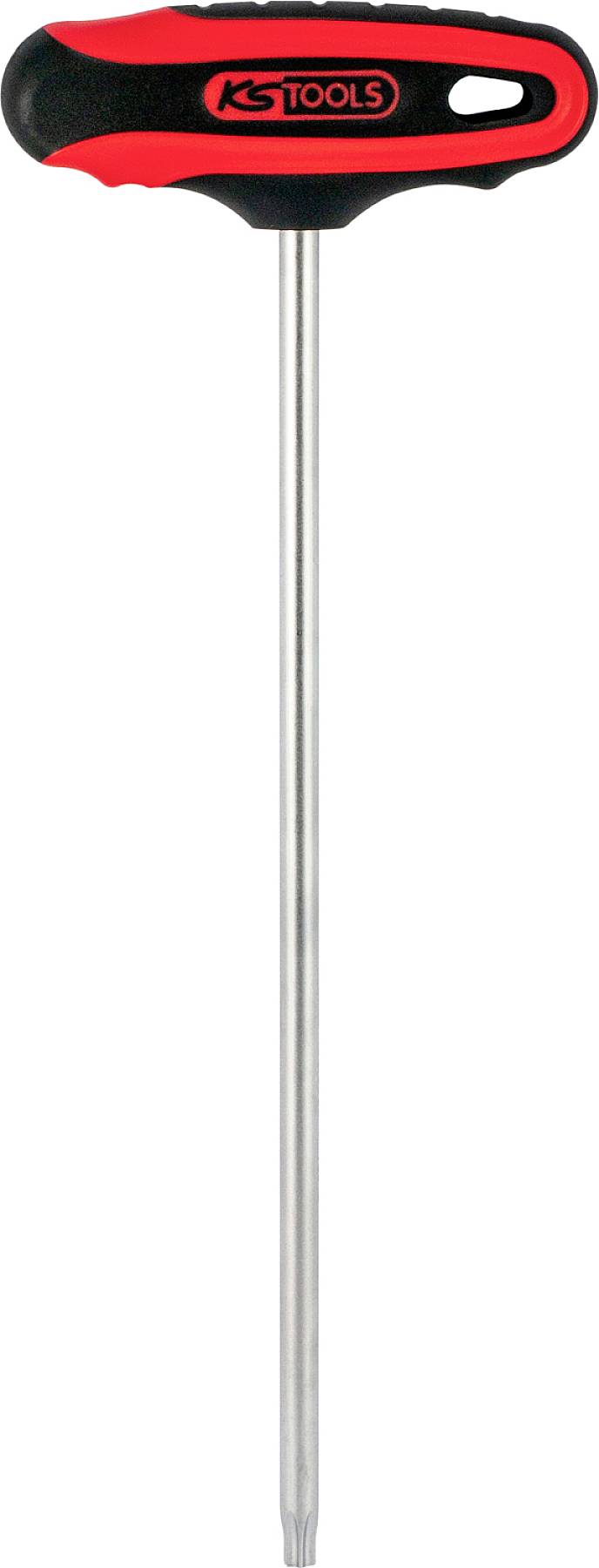 Wkrętak krzyżowy z czerwoną i czarną rękojeścią oraz długim, wąskim metalowym trzpieniem.