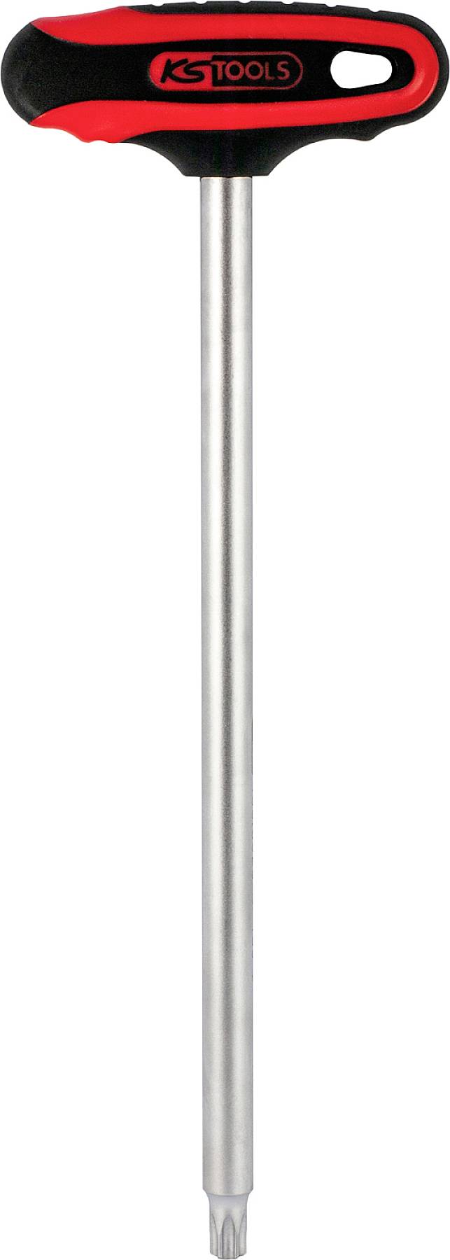 Długi śrubokręt z uchwytem w kolorze czerwonym i czarnym, przeznaczony do precyzyjnych prac w trudno dostępnych miejscach.