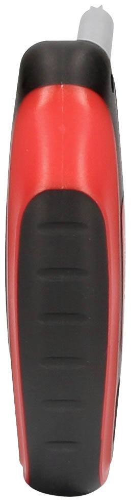 Czarny i czerwony nóż do cięcia z wysuniętym ostrzem, widok z boku, uchwyt o strukturze rowkowanej.