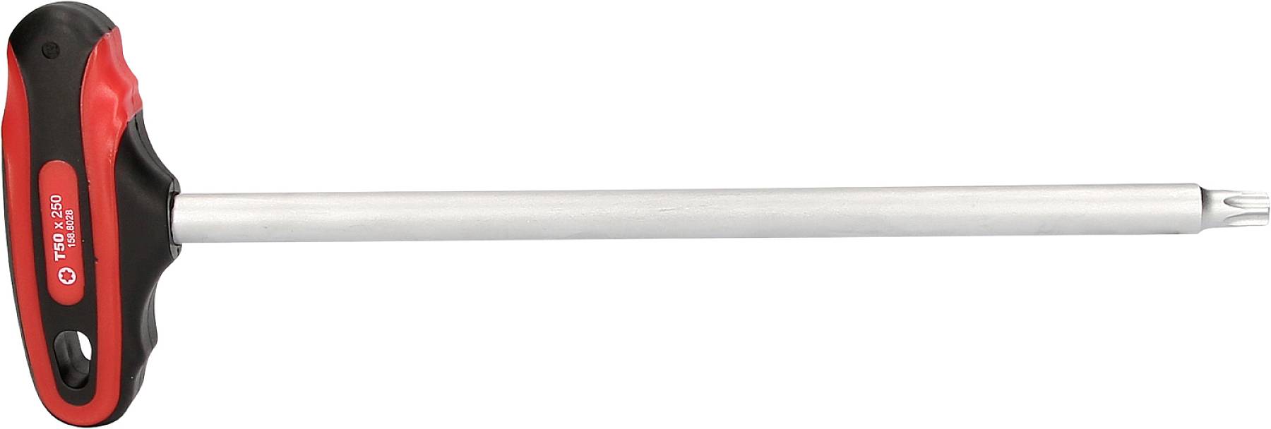 Długi wkrętak z uchwytem T, odpowiedni do miejsc trudno dostępnych. Uchwyt jest w kolorach czerwonym i czarnym.