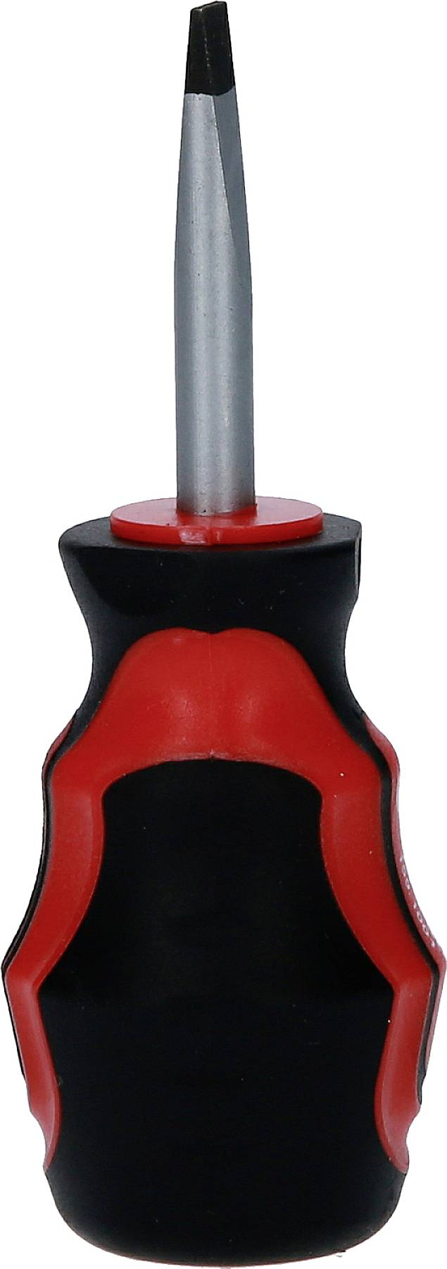 Wkrętak z czarnym uchwytem i czerwonymi akcentami, czubek skierowany do góry.