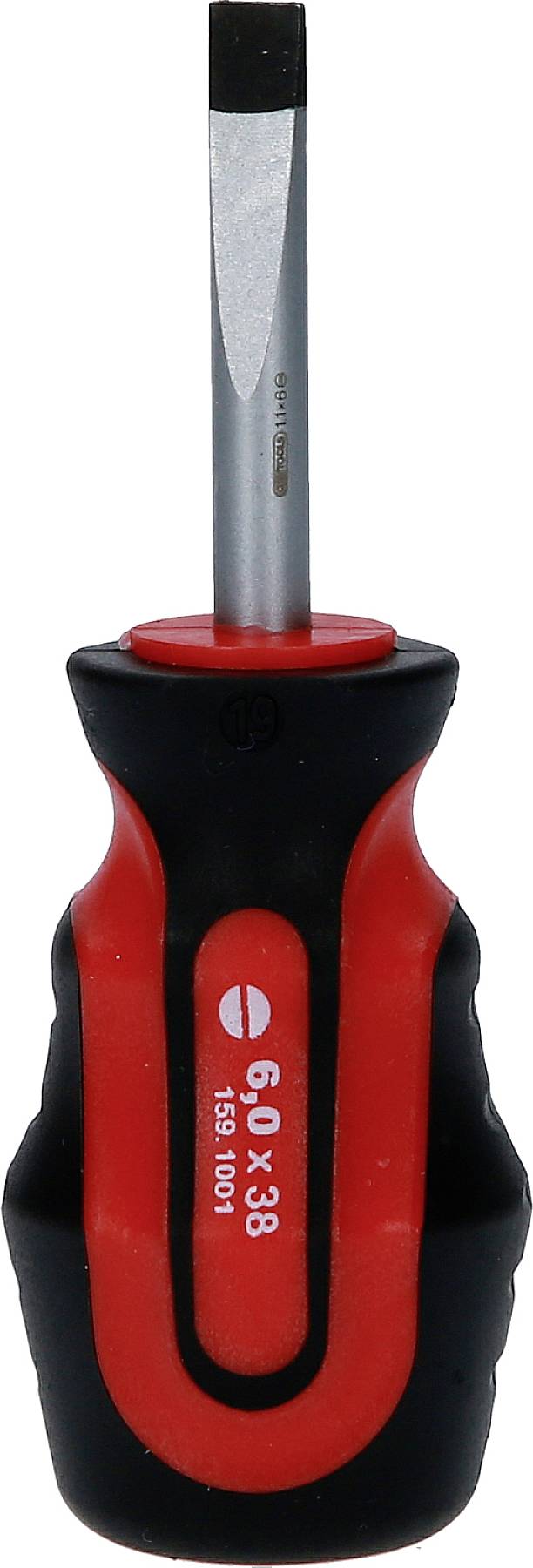 Płaski śrubokręt z uchwytem z czerwonego i czarnego tworzywa sztucznego, odpowiedni do prac naprawczych ogólnego przeznaczenia.