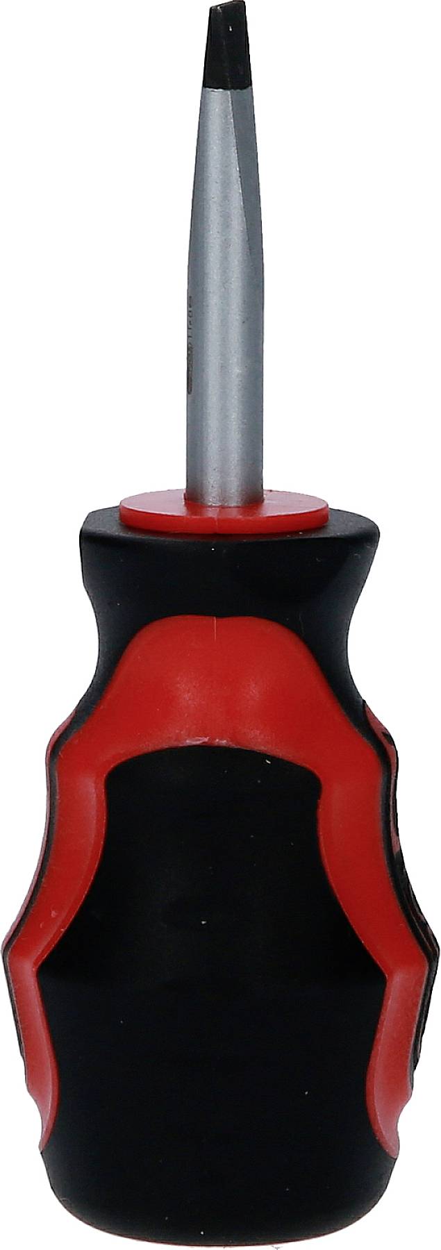 Wkrętak z czarnym uchwytem i czerwonymi akcentami. Końcówka jest płaska i wytrzymała, odpowiednia do prostych prac majsterkowiczów.