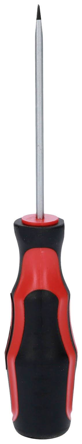 Wkrętak z czarnym uchwytem, czerwonymi akcentami i wąskim metalowym czubkiem, stojący pionowo.