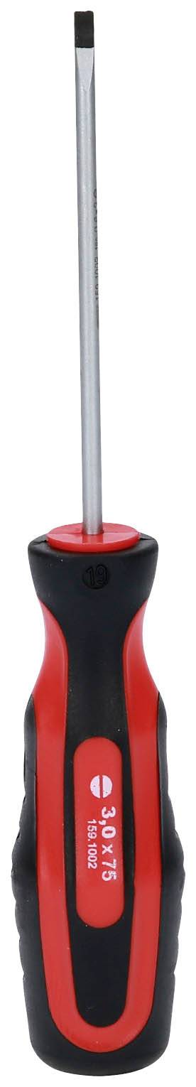 Wkrętak ze słuchawką w kolorze czarnym i czerwonymi detalami, przeznaczony do wkręcania wkrętów płaskich. Stosowany w pracach ręcznych i naprawach.