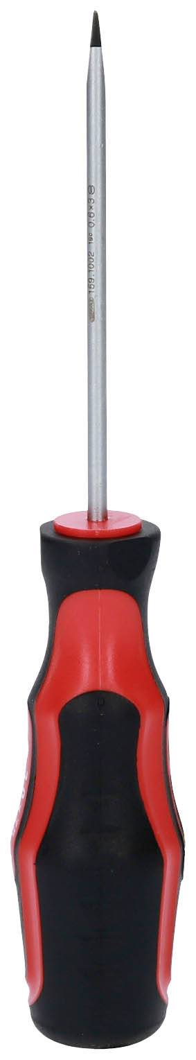 Czerwony i czarny śrubokręt z wąską, długą główką metalową, odpowiedni do precyzyjnych prac śrubowych.