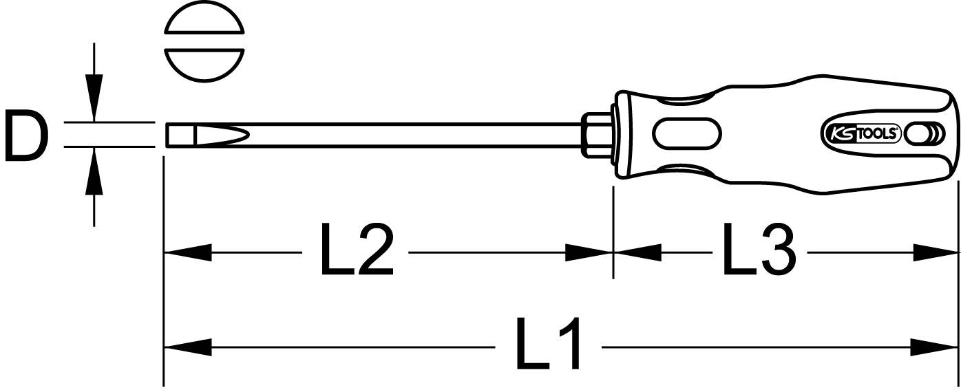 'Rysunek śrubokręta': Diagram śrubokręta płaskiego z uchwytem. Oznaczony długościami (L1, L2, L3) i szerokością ostrza (D).
