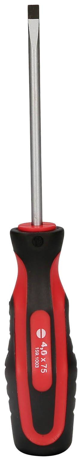 Wkrętak z czarnym uchwytem, czerwono akcentowanym, z płaskim ostrzem.