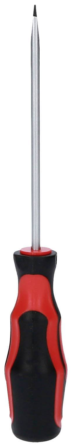 Wkrętak z czerwoną i czarną rękojeścią, odpowiedni do małych śrub.
