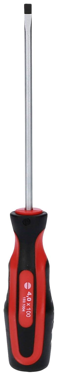 Wkrętak z czarnym uchwytem i czerwonymi detalami, odpowiedni do wkrętów płaskich.