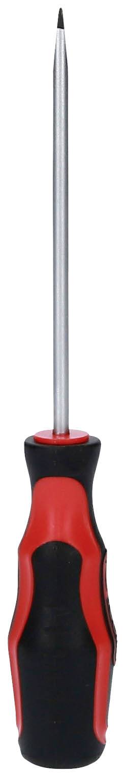 Czerwony i czarny śrubokręt z czarną rękojeścią i długim metalowym grotem, ustawiony pionowo.