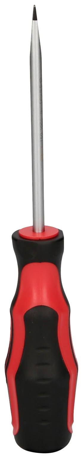 Czerwony i czarny śrubokręt z płaskim uchwytem i długim, wąskim czubkiem, odpowiedni do dokręcania lub odkręcania śrub.
