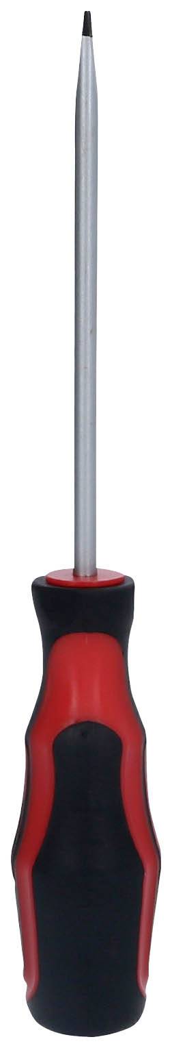 Wkrętak krzyżowy z czerwoną i czarną rękojeścią, wykonany z metalu z długim ostrzem, ustawiony pionowo.