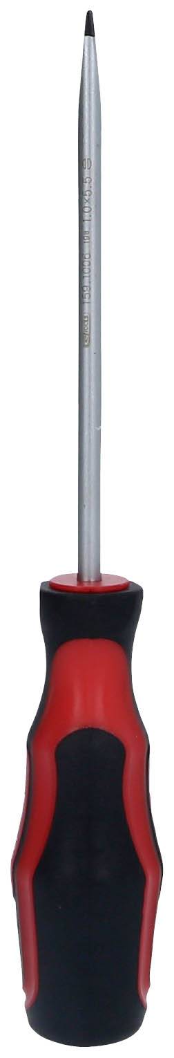 Czerwony i czarny śrubokręt z metalową końcówką, odpowiedni do prac śrubowych.