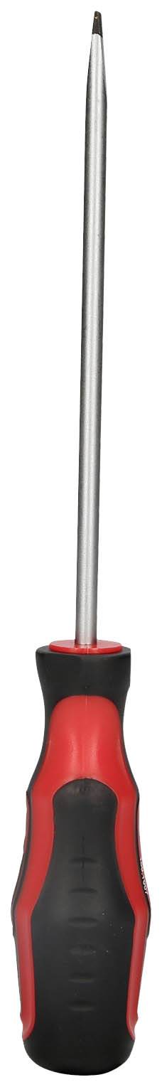 Czerwony i czarny wkrętak krzyżowy, stojący pionowo.