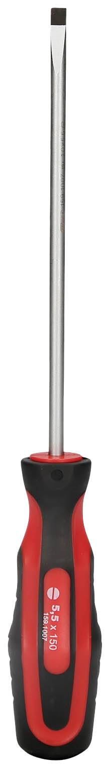 Długi śrubokręt z płaskim końcem i czarnym uchwytem z czerwonymi akcentami.