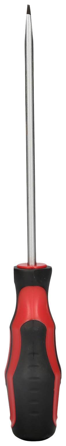 Czerwony i czarny śrubokręt z wąską, długą metalową końcówką.