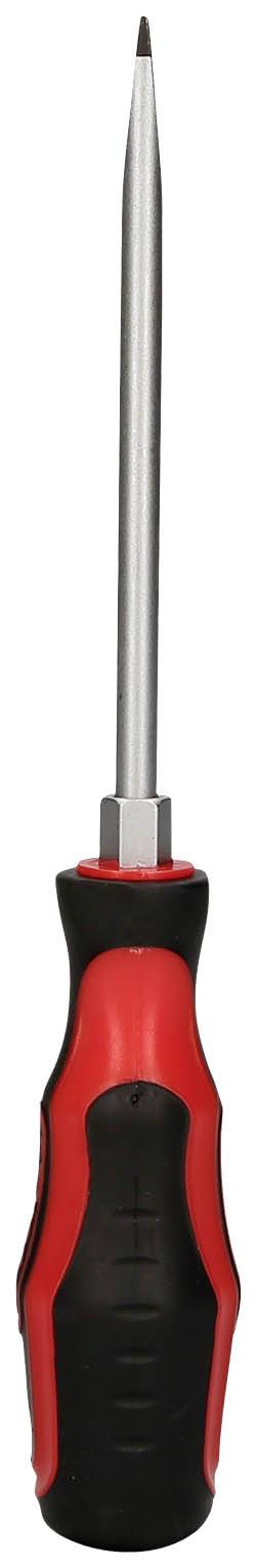 Wkrętak z czerwonym i czarnym uchwytem, z długim metalowym grotem.