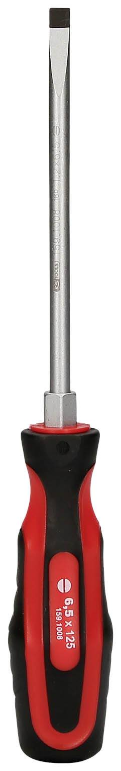 Wkrętak z czerwoną i czarną rękojeścią, o płaskim czubku, odpowiedni do odkręcania lub przykręcania śrub.