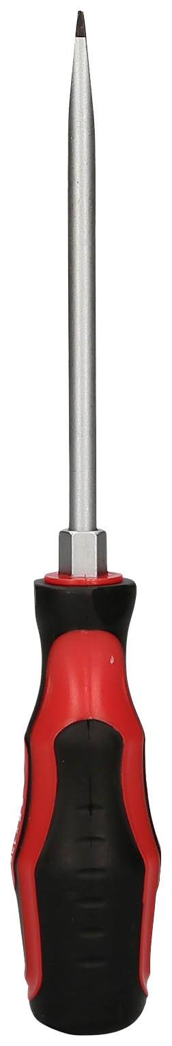 Czerwony i czarny śrubokręt z wąską, długą metalową końcówką i ergonomicznym uchwytem.