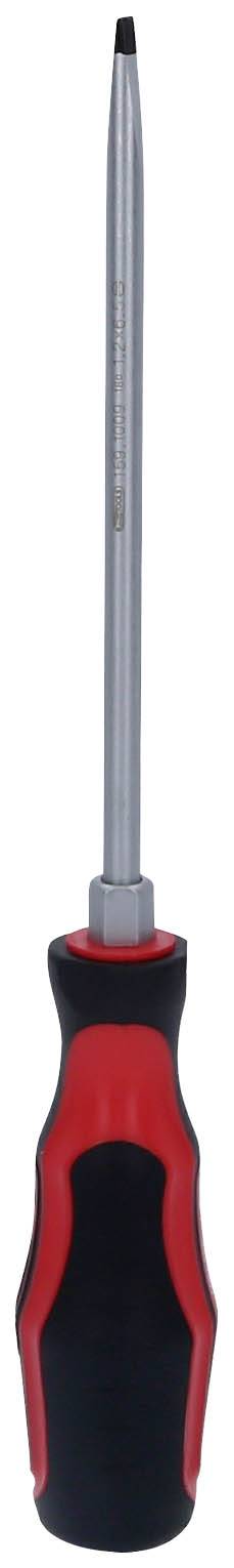 Wkrętak z czerwonym i czarnym uchwytem oraz długim metalowym ostrzem, odpowiedni do prac precyzyjnych.
