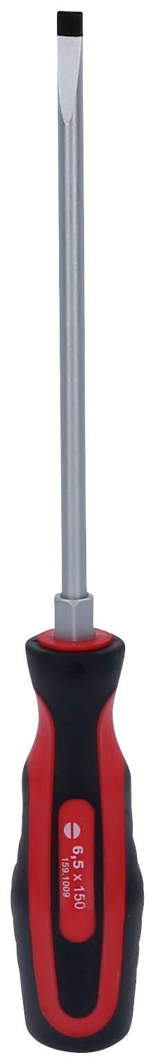 Płaski śrubokręt z czarną i czerwoną rękojeścią.